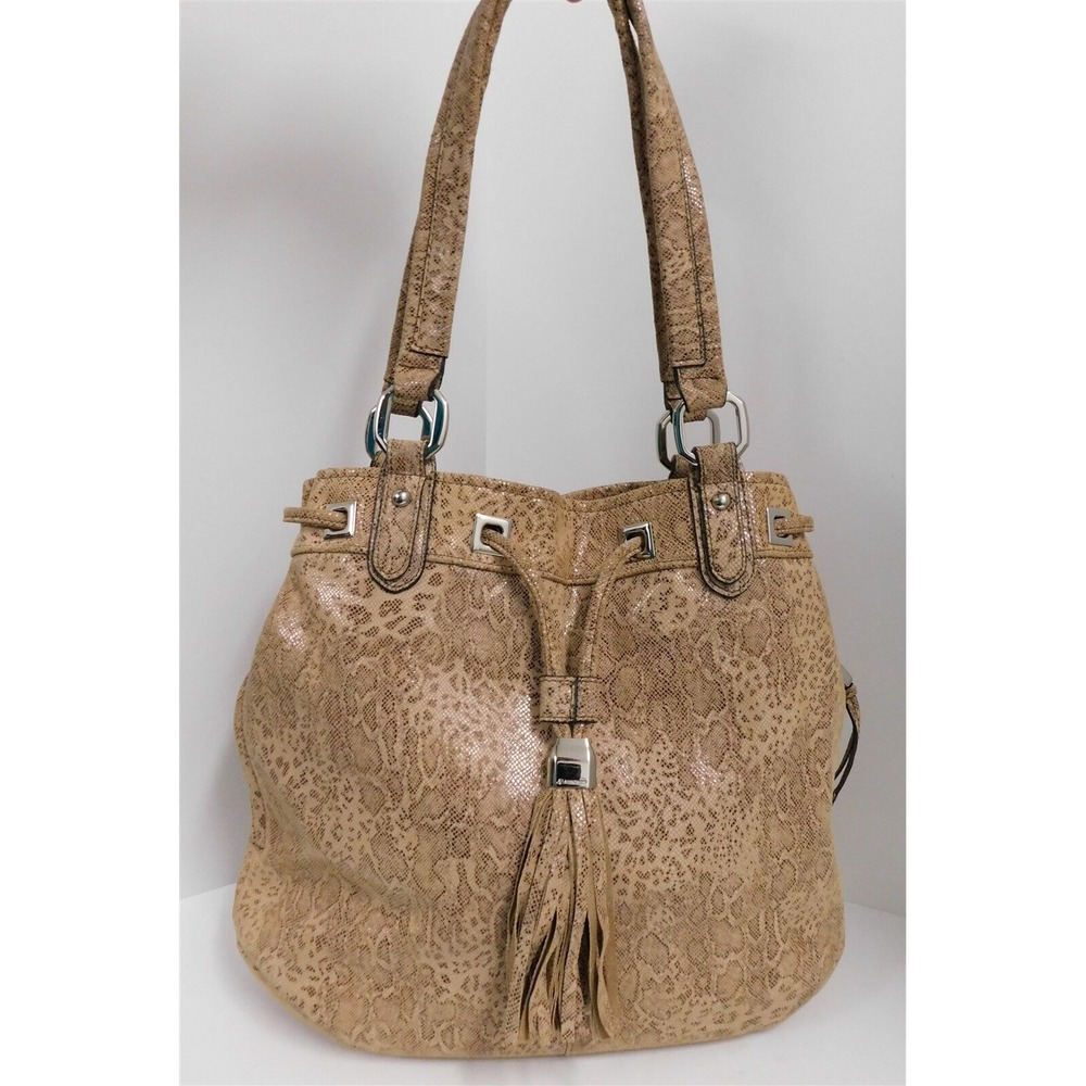 B. Makowsky Beige Snake Leather XL Tassel Shoulder Bag